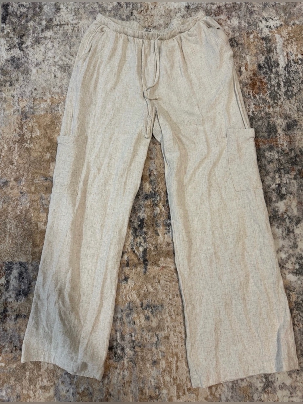Linen Cream Wide Leg Linen Trousers Summer Beach Pants Cargo Pants - Picture 5 of 7